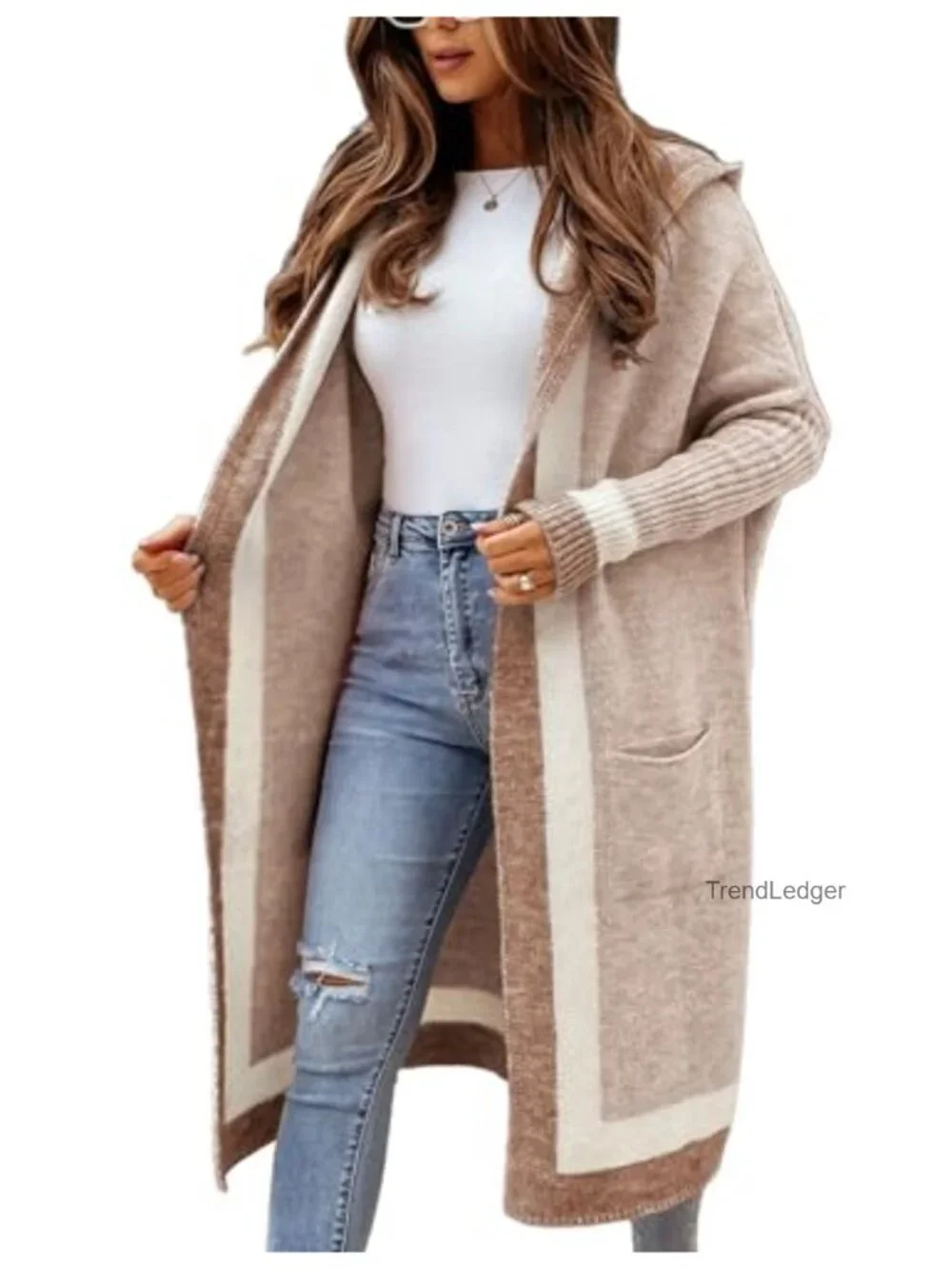 Loose Long Cardigan Sweater Oversized Striped Open Front Hooded with Pockets